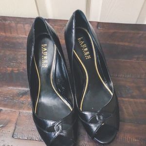 Black Ralph Lauren Leather Peep-Toe Wedges